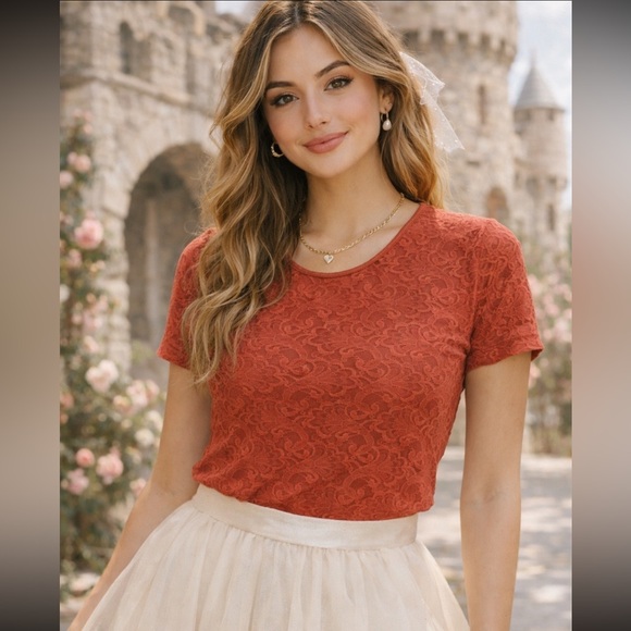 Tops - Y2K Terracotta Lace Romantic Top | Fairycore Castlecore Cottagecore